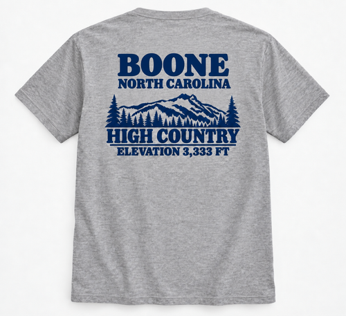 Boone North Carolina High Country mountain graphic on gray T-shirt
