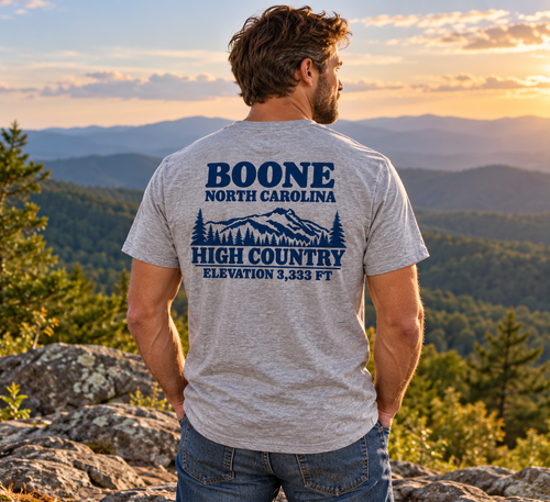 Boone North Carolina High Country T-shirt worn at a mountain overlook