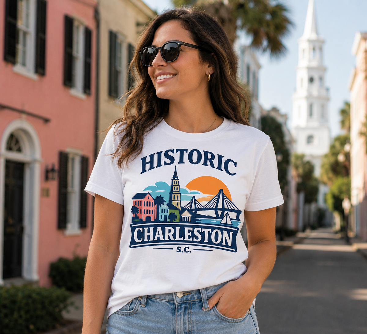 Historic Charleston SC Tee - white tee with colorful Charleston skyline graphic featuring Rainbow Row and Ravenel Bridge